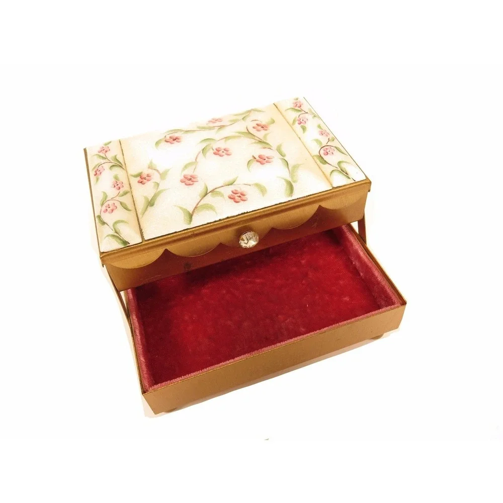 ANTIQUE‎ RARE PINK FLOWERS GREEN LEAVES GUILLOCHE ENAMEL TIERED JEWELRY BOX